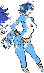 2023 anthro areola black_nose blue_arms blue_body blue_ears blue_fingers blue_fur blue_hair blue_hands blue_legs blue_tail breasts canid canine english_text fox fur genitals hair jewelry krystal mammal nintendo nipples open_mouth pink_areola pink_nipples pussy star_fox tail text watatanza