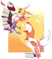 2018 3_toes absurd_res anthro ass bandai_namco big_breasts big_butt blush book breasts canid canine chest_tuft clothing data_(wouhlven) digimon digimon_(species) digital_media_(artwork) dipstick_ears dipstick_tail eyewear fan_character feet female glasses gloves handwear head_markings hi_res holding_book holding_object huge_butt leg_markings mammal markings multicolored_ears multicolored_tail open_mouth renamon shocked socks_(marking) solo tail tail_markings toes trinity-fate62 tuft white_body yellow_body