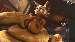 3d 3d_(artwork) 3d_model absurd_res anthro areola bat bed bedroom big_breasts black_eyeshadow black_lipstick black_nipples blue_body blue_fur blue_hair boa_(snake) boinae brainwashing breast_play breast_sucking breasts brown_body canid canine canis chest_tattoo coiling digital_media_(artwork) duo eyeshadow female fox fur furniture furry hair hi_res hypnosis hypnotized_assistant kaa_eyes krystal lips lipstick makeup mammal mind_control mobian mobian_(species) mobian_bat multicolored_body multicolored_eyes nintendo nipples nude on_bed open_mouth psikokinetic pubic_tattoo reptile rouge_the_bat rouge_the_bat_(warfaremchine) scales scalie sega smile snake sonic_(series) sonic_adventure_2 sonic_the_hedgehog_(series) source_filmmaker star_fox sucking tattoo warfare_machine white_body white_fur white_hair yellow_body yellow_scales