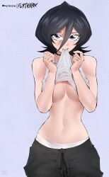 1girls artist_signature black_hair bleach breasts covering_breasts female flytrapxx kuchiki_rukia light-skinned_female light_skin medium_breasts medium_hair navel patreon_username simple_background solo thighs