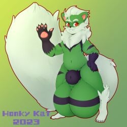 1boy animal_genitalia anthro arcanine balls big_balls big_sheath canid canine cellidor fluffy fluffy_tail fur genitals green_body green_fur green_hair hair hi_res honky_kat huge_balls huge_sheath hyper hyper_balls hyper_genitalia hyper_sheath male mammal markings neck_tuft nintendo pokemon pokemon_(species) raccoon_dog red_eyes sheath simple_background solo solo_male striped_markings stripes tail tanuki tuft