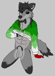 abs absurd_res animal_genitalia anthro balls black_sclera blep canid canine canis clothed clothing dark_hair fingers fox fur genitals green_eyes green_sweatshirt grey_background grey_body grey_fur grey_hair grey_nose hair hair_over_eye hand_under_shirt hi_res hybrid kneeling leaning leaning_back long_hair male male/male mammal messy_hair michael_tzerkan_(scarky0) no_underwear one_eye_obstructed penis pubes scarky0 sheath simple_background smile smirk solo sweatshirt tongue tongue_out topwear wolf