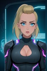 1girls 2020s 2023 absurd_res adora ai_generated armor armored_bodysuit black_armor black_bodysuit blonde_female blonde_hair blue_eyes bodysuit boob_window breasts cathrynedelamort cleavage clothing cyberpunk female female_only fully_clothed large_breasts light-skinned_female light_skin lipstick long_hair looking_at_viewer makeup pink_lips pink_lipstick ponytail she-ra_and_the_princesses_of_power solo