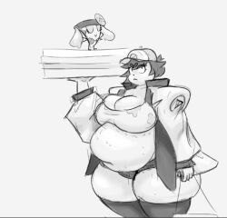 1girls bellybelting beppy_(bellybelting) big_belly big_breasts oc pizza pizza_box plump thick_thighs