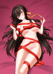 1girls bed black_hair blush counter:side cy7989 green_eyes karin_wong long_hair on_back on_bed red_ribbon ribbon ribbon_bondage ribboned_body tagme yellow_ribbon