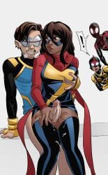 1boy 1girls 3boys bleepideeboop breast_grab breast_squeeze breasts brown_eyes brown_hair brown_skin caught_in_the_act champions cum cum_on_legs cyclops_(x-men) dark-skinned_female interracial kamala_khan light-skinned_male long_hair looking_at_partner marvel marvel_comics masked_female miles_morales ms._marvel muslim muslim_female nova_(marvel) peeking_out red_scarf relief sam_alexander scarf scott_summers shocked spider-man spider-man_(series) straight superhero superheroine surprised thigh_highs thigh_job thigh_sex thigh_socks thighhighs wet_penis wet_thighs white_background x-men