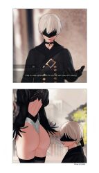 1boy 1girls ass ass_focus big_ass blindfold comic dialogue english_text funny leotard mariezone nier:_automata patreon patreon_username platinum_games square_enix white_hair yorha_2b yorha_9s