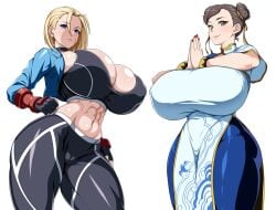 2girls abs alternate_breast_size black_choker black_hair blonde_hair bracelet breasts breasts_bigger_than_head cammy_white capcom china_dress chinese_clothes choker chun-li cleavage cropped_jacket double_bun dress earrings facial_scar female female_only fingerless_gloves gloves hair_bun highres huge_breasts human jabara_tornado jewelry multiple_girls scar scar_on_cheek scar_on_face shiny_skin short_hair sports_bra standing street_fighter street_fighter_6 top_heavy top_heavy_breasts white_background