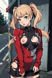 ai_generated ann_takamaki blonde_hair blue_eyes blush clothing_damage embarrassed exposed_breasts nipples persona persona_5 torn_clothes twintails