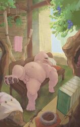 2023 anthro balls bear belly clothing detailed_background feet flaccid genitals hi_res kemono lying male mammal moobs navel nipples overweight overweight_male penis solo taistone_tw underwear underwear_on_head