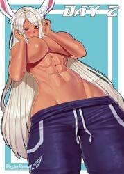 abs arms_covering_nipples athletic_female big_breasts bunny_ears cute dark-skinned_female looking_at_viewer miruko muscular_female my_hero_academia no_shirt pashapencil rumi_usagiyama