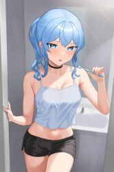 1girls absurdres bathroom black_choker black_shorts blue_eyes blue_hair blurry blurry_background breasts camisole choker collarbone commentary diptip doorway english_commentary highres holding holding_toothbrush hololive hololive_gen_0 hololive_japan hoshimachi_suisei midriff navel parted_lips short_shorts shorts side_ponytail sink small_breasts solo star_(symbol) star_in_eye stomach symbol_in_eye toothbrush virtual_youtuber