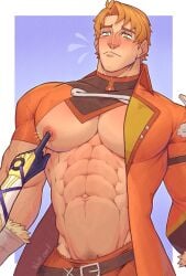 1boy 2023 alear_(fire_emblem) bara bara_tits barazoku biceps blush boucheron_(fire_emblem) clothing fire_emblem fire_emblem_engage gay hi_res highres male male_focus male_nipples male_only male_pubic_hair manly muscular_arms muscular_male nintendo nipples pecs solo solo_male touching_nipples wolf_con_f yaoi