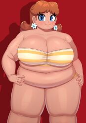 1girls belly belly_button blue_eyes blush bra braffy breasts brown_hair ear_piercing earrings female female_focus female_only flower_earrings hair huge_breasts human hyper hyper_belly hyper_penis looking_at_viewer mario_(series) nintendo orange_hair pac-man_eyes panties princess princess_daisy red_background simple_background smile smiling solo standing swimsuit swimwear thighs