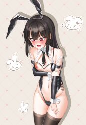 1girls black_hair black_thighhighs blush bunny bunny_ears bunny_girl bunnygirl bunnysuit counter:side cy7989 embarrassed fake_animal_ears hugging_self leotard long_hair necktie open_mouth red_eyes tearing_up tears teary_eyes thighhighs transparent_bunnysuit transparent_clothing wrist_cuffs xiao_lin xiao_lin_(counter:side)