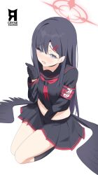 artist_name black_gloves black_hair black_sailor_collar black_serafuku black_socks black_wings blue_archive blue_eyes cryne female female_masturbation gloves hair_ornament hairclip highres ichika_(blue_archive) justice_task_force_(blue_archive) long_hair looking_at_viewer low_wings masturbation neckerchief open_mouth red_neckerchief sailor_collar school_uniform serafuku simple_background sitting socks solo trinity_general_school_student wariza white_background wings