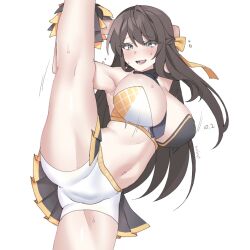 bad_id bad_pixiv_id bouncing_breasts bow breasts brown_hair cheerleader counter:side female hairbow karin_wong large_breasts leg_up long_hair omgwtfyawp one_leg_raised one_leg_up pom_pom_(cheerleading) skirt solo splits standing standing_on_one_leg sweat sweatdrop white_background