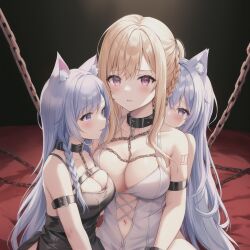 3girls ai_generated animal_ears bed bedroom benmccannon_(artist) blonde_hair blue_hair bondage bondage collar hiding purple_eyes slave