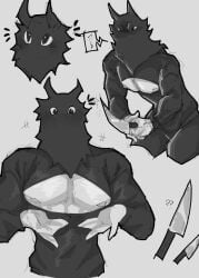 1boy analog_horror boisvert comission(tonytonyfloppa) dog_boy dogtooth dogtooth_(boisvert) eye_contact furry_male horror keyhole_sweater knife male_only monster muscular_male nightmare_husbando pecs