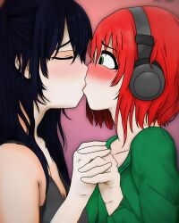 2girls bangs bare_shoulders blush closed_eyes clothing collarbone dark_hair embarrassed eyebrows_visible_through_hair french_kiss greatcorn_(artist) green_eyes green_jacket headphones heavy_blush holding_hands kissing long_hair multiple_girls nose_blush original_character red_hair short_hair vebra wavy_hair wide_eyed yibra yuri