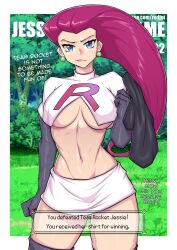 1girls blue_eyes comic crop_top dialogue earrings elbow_gloves embarrassed english_text forest holding_object holding_poke_ball jessie_(pokemon) knee_boots large_breasts miniskirt navel page_2 pokemon purple_hair redjet skirt solo strip_game sweatdrop team_rocket text_box top_removed underboob