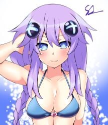 arm_up bikini_top blue_eyes blush breasts close-up goddess hair_ornament kurozero light-skinned_female long_hair looking_at_viewer neptune_(neptunia) neptunia_(series) purple_hair purple_heart_(neptunia) twin_braids