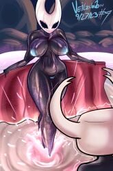 3_fingers black_body blue_nipples cleavage hollow_knight hornet_(hollow_knight) huge_ass huge_breasts imminent_sex looking_down presenting protagonist_(hollow_knight) removing_clothing shocked sitting standing tagme thick_thighs towel veilzebub