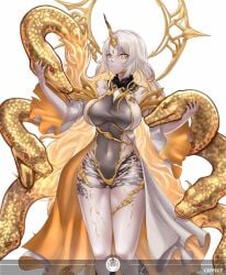 1girls bare_legs bodystocking breasts colored_inner_hair covered_navel crazzeffect female female_only fire_emblem fire_emblem_heroes gullveig_(fire_emblem) high_heels horn large_breasts legs long_hair looking_at_viewer multicolored_hair nintendo snake snake_hair solo very_long_hair white_hair yellow_eyes