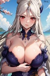 1girls ai_generated bare_shoulders blush cleavage genshin_impact hi_res huge_breasts large_breasts myrioku ningguang_(genshin_impact) ningguang_(orchid's_evening_gown)_(genshin_impact) platinum_blonde_hair red_eyes solo stable_diffusion