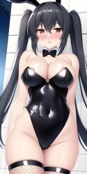 ai_generated black_hair blush breasts bunnysuit cleavage detached_collar fishnets leotard light-skinned_female looking_at_viewer nai_diffusion neptunia_(series) nipple_slip noire open_mouth red_eyes shiny_skin solo stable_diffusion thighhighs twintails