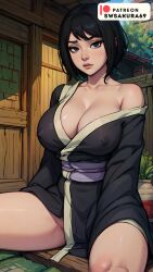 1girls ai_generated black_eyes black_hair blush breasts bust female kimono naruto naruto_(classic) naruto_(series) naruto_shippuden nipples no_bra shizune short_hair shounen_jump sitting solo_focus stable_diffusion