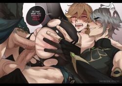 3boys alhaitham_(genshin_impact) blonde_hair clothed_sex crying_male crying_with_eyes_open cum_in_ass cum_inside drooling_cum evilwiistef gay genshin_impact grabbing_ass grey_hair kaveh_(genshin_impact) male/male male_only pubes red_eyes spanking_marks text_bubble threesome yaoi