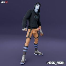 1boy balls bottomless erection fingerless_gloves fortnite garter_straps hoodie male male_only marius_(fortnite) masked masked_male no_underwear penis red_nehi ski_mask sneakers socks solo thick_penis uncircumcised uncut