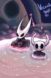 3_fingers black_body blue_nipples cleavage hollow_knight hornet_(hollow_knight) huge_breasts nervous protagonist_(hollow_knight) sitting tagme towel veilzebub