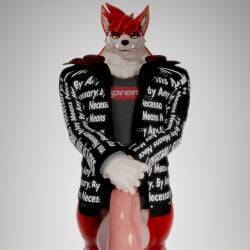 3d_(artwork) absurd_res anthro big_penis black_clothing black_jacket black_topwear blender_(software) canid canine canis charleskirbyiii clothing danny_sterling_(spitfire420007) digital_media_(artwork) drip_(meme) ear_tuft front_view fur genitals glistening glistening_genitalia glistening_penis gloves_(marking) grey_clothing grey_shirt grey_topwear head_tuft hi_res huge_cock jacket looking_at_viewer male mammal markings muscular muscular_male neck_tuft orange_eyes penis pupils red_body red_fur shirt simple_background slit_pupils solo supreme topwear tuft vein veiny_penis white_body white_fur wolf