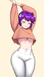 anatomically_correct ass belly belly_button big_ass casual closed_eyes clothed dako dakosito leggings no_bra original_character purple_hair short_hair smile stretching umiko_(dakosito) underboob wide_hips