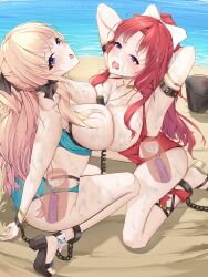 2girls akino_(princess_connect!) beach bikini bondage bound breast_press chains cum_inside exposed_breasts multiple_girls princess_connect! saren_(princess_connect!) sweat tongue_out x-ray