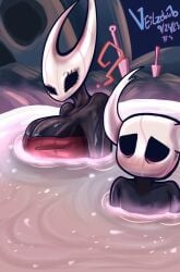 3_fingers black_body blue_nipples cleavage hollow_knight hornet_(hollow_knight) huge_breasts nervous protagonist_(hollow_knight) sitting suspension tagme towel veilzebub