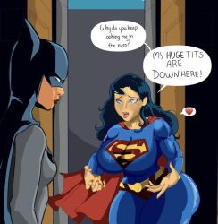 2girls alleyway areiss_scarlet batman batman_(series) batwoman big_ass bruce_wayne bryce_wayne clara_kent clark_kent confusion dc dc_comics earth_11 emoji friends genderswap_(mtf) heart huge_breasts long_hair meme multiple_girls pointing_at_self rule_63 superman superman_(series) superwoman text