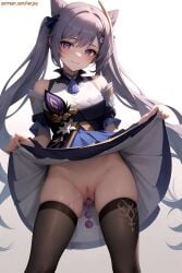 ai_generated anal_beads anal_beads_in_ass egg_vibrator genshin_impact keqing_(genshin_impact) lenjoy purple_anal_beads skirt_lift smile stealth_masturbation stockings vagina vaginal_object_insertion watermark white_background