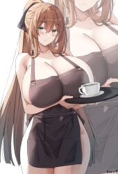 1girls absurd_res absurdres apron blush breasts brown_hair closed_mouth collarbone cup female female_only girls'_frontline green_eyes hi_res highres holding holding_tray huge_breasts keenh long_hair looking_at_viewer naked_apron ponytail simple_background smile solo springfield_(girls'_frontline) teacup tray very_long_hair white_background wide_hips zoom_layer