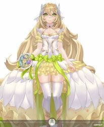 1girls alternate_costume alternate_version_available bare_shoulders bare_thighs blonde_hair bouquet breasts bride butterfly_hair_ornament celine_(fire_emblem) collarbone crazzeffect detached_sleeves dress earrings female female_only fire_emblem fire_emblem_engage flower green_eyes hair_between_eyes hair_ornament long_hair long_sleeves nintendo shoulders skirt small_breasts smile solo thighhighs thighs very_long_hair wedding_dress white_background