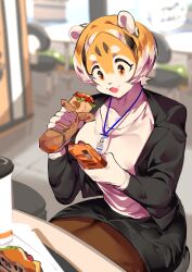 1girls big_breasts breasts cellphone eating female lanyard looking_at_phone looking_at_viewer looking_down mx99926 oc office_clothing office_lady sandwich short_hair sole_female solo solo_female solo_focus tail tiger tiger_ears tiger_girl tiger_print tiger_stripes tiger_tail