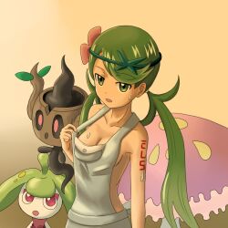 1girls cleavage clothed_female eld_(ljhlee12) looking_at_another looking_at_viewer mallow_(pokemon) phantump pokémon_(species) pokemon shiinotic sideboob steenee sunset sweat tagme twintails