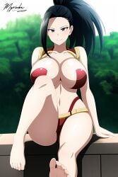 1girls ai_generated black_eyes black_hair boku_no_hero_academia feet feet_up large_breasts leg_up momo_yaoyorozu my_hero_academia myrioku ponytail solo stable_diffusion thick_thighs yaoyorozu_momo