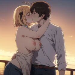 1boy 1girls ai_generated anisphia_wynn_palettia areolae big_breasts blonde_hair blush breasts breasts_out brown_hair clothed_male_nude_female female human kiss kissing large_breasts male male/female nipples no_bra short_hair straight sunset tensei_oujo_to_tensai_reijou_no_mahou_kakumei