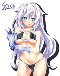 2023 artist_signature black_heart blue_eyes blush breasts compile_heart gloves goddess idea_factory kurozero licking_lips light-skinned_female long_hair looking_at_viewer mostly_nude neptunia_(series) noire satisfied simple_background skimpy solo straight_hair tight_clothing white_hair