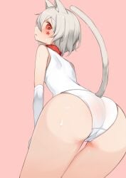 ass cat_ears cat_tail collar daebom from_behind gloves m18_hellcat pussy_visible_through_clothes red_eyes red_star swimsuit tagme war_thunder wet white_hair