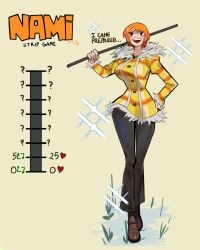 clothed dot_secret female female_only nami nami_(one_piece) one_piece pre-timeskip strip_game