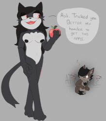 2023 anthro apple black_fur black_hair breasts brown_body canid canine canis cat_ears cat_tail chibi coyote doe_the_cat_(sinfulnexan) eyeliner eyes_half_open eyeshadow fangs fangs_out felid feline female food male mobian_(species) naked naked_female naked_male nipples oc original_character red_eyes sinfulnexan sketch smile smiling tease teasing text tits_out vagina